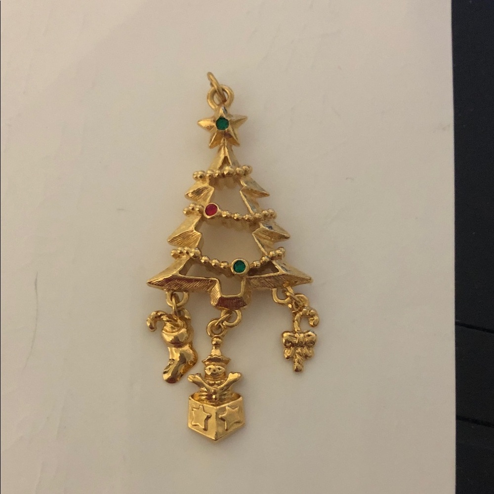 Avon Gold-Tone Christmas Tree Pendant with Red & Green Accents